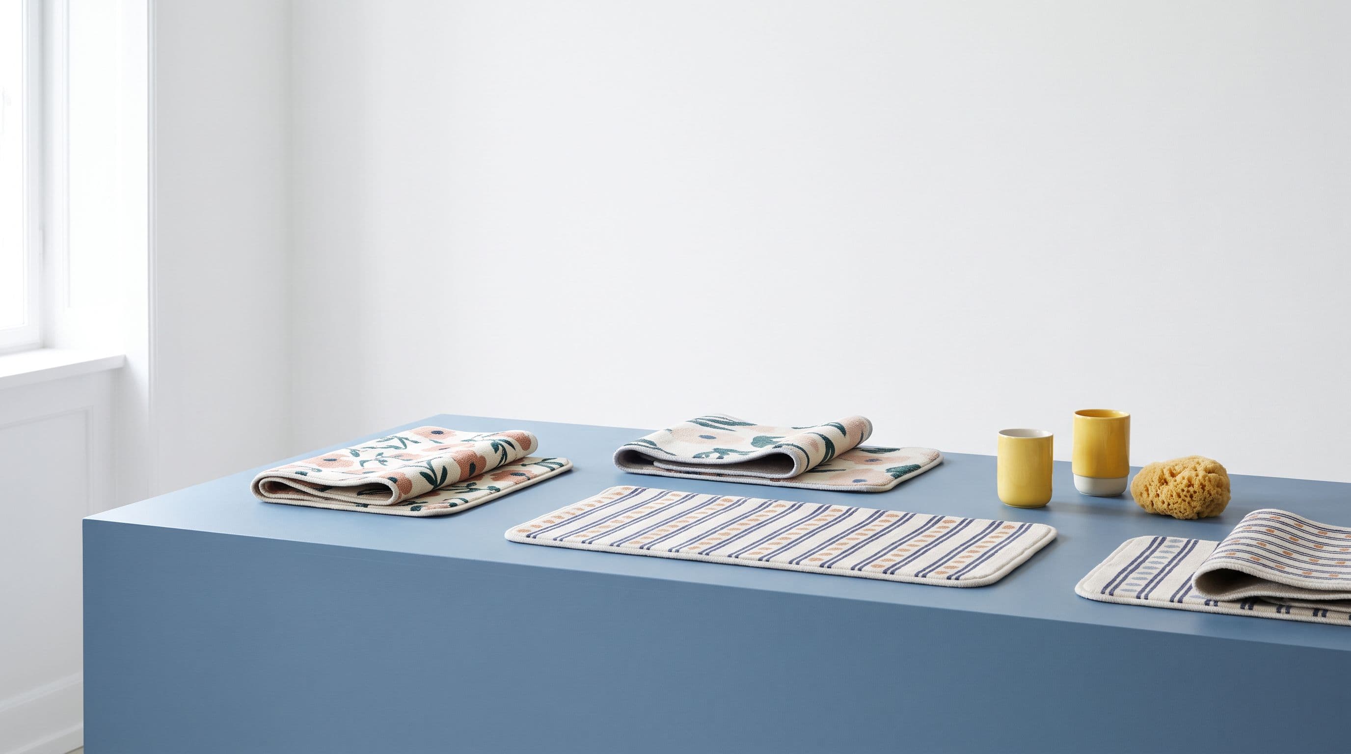 Un tapis de salle de bain à motifs posé devant une douche